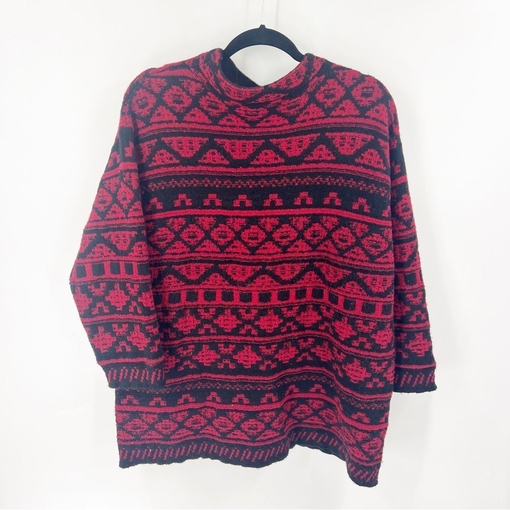 J.Jill Wool Blend Sweater Southwest Tribal Print Mock Neck SIZE X-LARGE RED/BLK